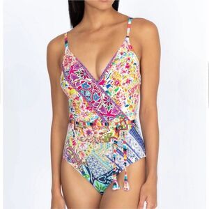 Johnny Was Locita Wrap One-Piece Swimsuit Patchwork Print Size XS NWT
